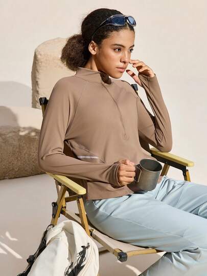 Exploreva 女士纯色插肩袖拉链半开襟户外T恤