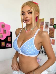 Eraneu 1pc Cute & Sweet Floral Wireless Unlined Bra, Front Closure Bra - Blue - View 3