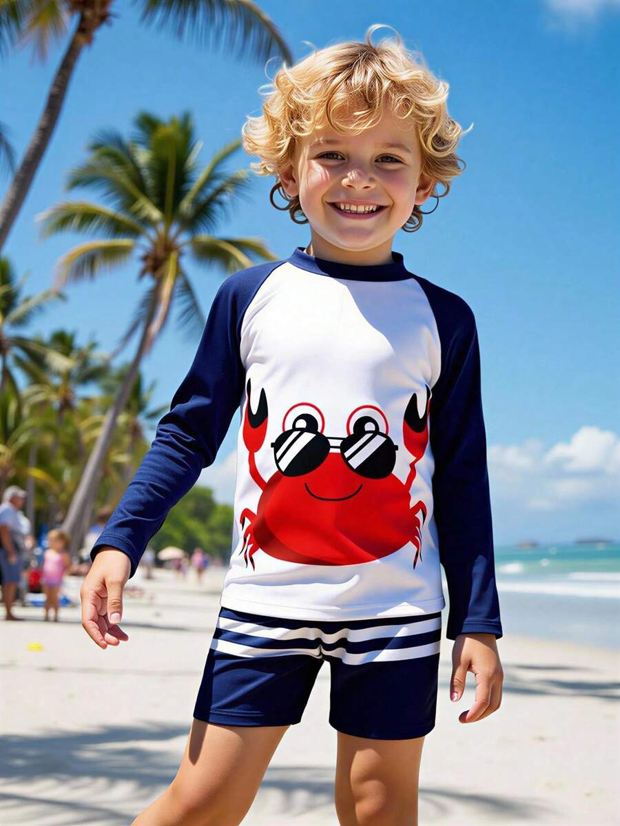 SHEIN Young Boy Crab Print Contrast Color Raglan Sleeve Two-Piece Swimsuit Set, Suitable For Beach & Swimming Boys Rash Guard Set Boy Swimsuit Set Long Sleeve Boy Swim Trunks Set Shirt Beach Wear For Boys Little Boy Bathing Suites Bottoms Boy Swim Set Boys Swim Rash Guard Toddler Rash Guard Boys Long Sleeve Swim Toddler Swim Shirt Little Boy Swim Wear Boys Long Sleeve Swimsuit Long Sleeve Rash Guard Beach Wear For Kids Boy Beach Wear Boys Rash Guard Top Boys Cruise Clothes - Multicolor - View 1