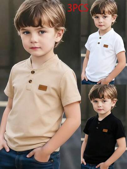 3pcs Young Boy Casual Half-Placket T-Shirts, White, Beige, Black, Each With Brown Button Accents On The Chest, Left Chest Label Highlight, Simple Yet Detailed Design, Suitable For Weekend, Casual Wear, Family Gathering, Back To School
