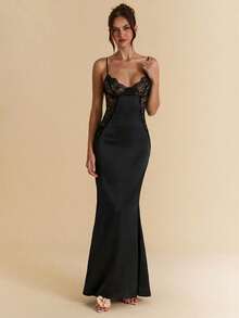 SHEIN BAE 优雅红色蕾丝拼接缎面连衣裙，性感透视蕾丝长裙，适合婚礼、伴娘、正式场合 - 黑色 - 查看 4