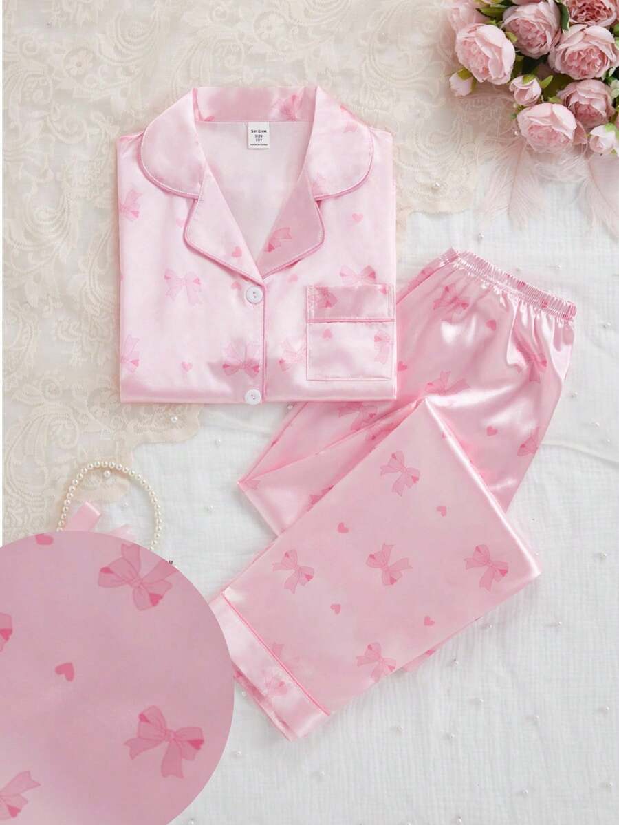 2pcs/Set Girls Cute Bow Print Lapel Cardigan & Casual Pants Comfortable Pajamas Set Bow Print Pajamas - Pink - View 1