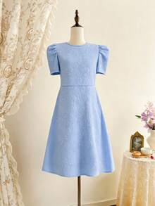 Vestido de niña de jacquard floral elegante, tela suave y cómoda, mangas abullonadas, mangas farol, cierre de cremallera en la espalda, adecuado para uso diario y reuniones - Azul - Ver 4