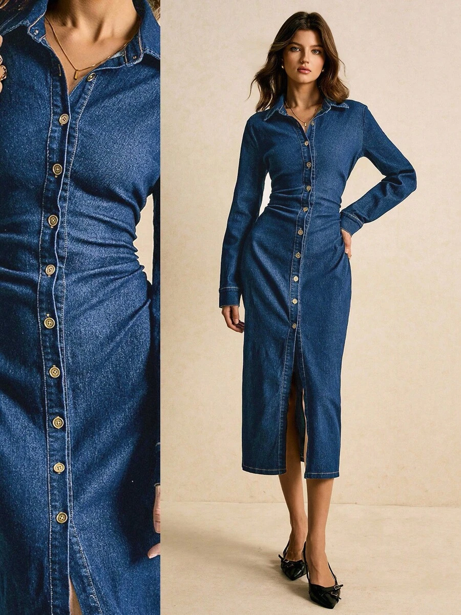 Poéselle Women's Autumn Long Sleeve Pleated Single-Breasted Casual Denim Shirt Dress Denim Midi Dress Long Sleeve Denim Dress Jean Dress For Women Button Down Denim Dress Jean Dresses For Women Curve Jean Dress Winter Fall Winter Dress Women Christmas New Year Dressparty Dress Long Party Dress Casual Long Dress - Medium Wash - View 1