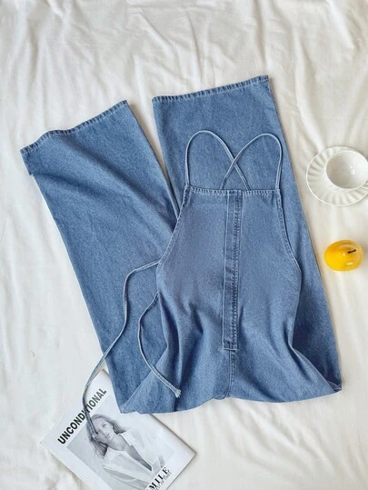 Comfortcana Women's Solid Color Spaghetti Strap Sleeveless Denim Jumpsuit