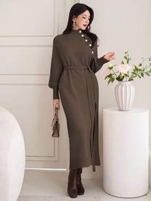 DAZY Women's Casual Everyday Commute Simple Solid Color High Neck Lantern Sleeve Button Decor Loose Knit Sweater Dress, Autumn/Winter - Coffee Brown - View 5