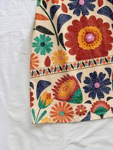 Soleia Apricot Floral Geometric Retro Print Casual Vacation Style Women Spaghetti Strap Mini Dress, Suitable For Spring/Summer Vacation Carnival - Multicolor - View 4