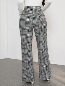 SHEIN PETITE Autumn Elegant Women's Plaid Printed Elastic Knitted Pants, Versatile For Various Occasions Such As Summer Vacation, Elegant Travel, And Daily Commuting Gray Pants,Fall - Black and White - View 3