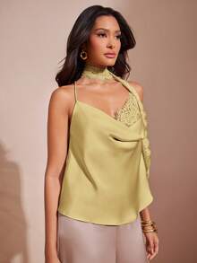 L'Amorae Women Satin Cowl Neck Inset Attached Scarf Cami Top, Holiday New Years Date Night Outfit - Light Yellow - View 5