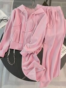 Franclia 2pcs/Set Plus Size Women Loose Fit Hoodie And Wide Leg Pants Set - Pink - View 1