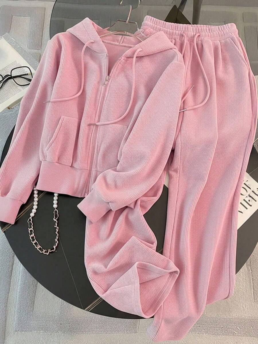 Franclia 2pcs/Set Plus Size Women Loose Fit Hoodie And Wide Leg Pants Set - Pink - View 1