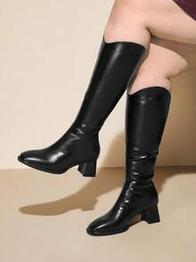 CUCCOO CURVES 女士时尚百搭通勤厚底高跟宽筒靴 - 黑色 - 查看 1