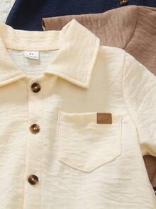 SHEIN Genkimix Kids 3pcs Classic Collegiate Short Sleeve Shirts For Young Boys, In Navy Blue, Beige And Brown, With Matching Fabric Collar Patch, Detailed And Versatile For Daily Wear, Outdoor, School - Multicolor - View 5