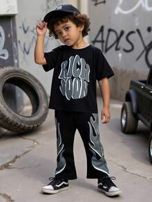 SHEIN 2pcs/Set Young Boys Summer Outfit, Fashionable Set With Cartoon Letter Graphic Tee And Digital Print Flared Pants, Suitable For Casual, School, Sports, Summer, Holidays - Black - View 3