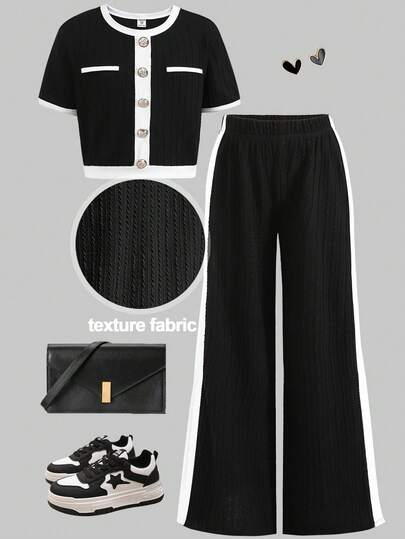 SHEIN Girlism 少女撞色短袖T恤和裤子套装