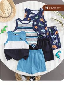 6件套男婴夏季休闲度假可爱卡通图案条纹背心和短裤基础内衣套装 - 彩色 - 查看 2