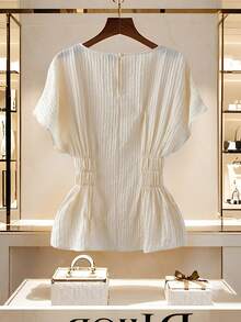 Modelyn Women's Solid Color Round Neck Short Sleeve Fitted Blouse For Commuting Cinched Waist Top Summer Tops White Top Vacation - Light Yellow - View 2