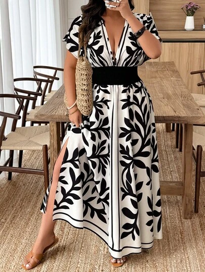 Weeklong 大码女式休闲蝙蝠袖抽绳高开衩纯色印花长裙，适合度假和日常穿着，春夏款