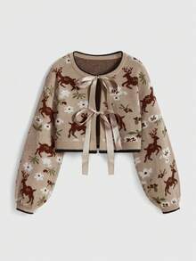 ROMWE Fairycore Áo khoác cardigan thắt nơ họa tiết hươu và hoa jacquard cổ điển, thích hợp cho mùa Thu/Đông. - Màu Khaki - Xem 1