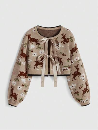 Fairycore Cárdigan con pajarita de jacquard con estampado de ciervos y flores vintage, otoño/invierno