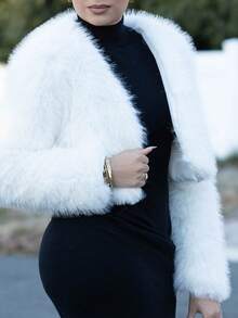 Melissa Matos 1 件女式常规款纯色针织毛绒面料前开长袖短夹克，度假装 - 白色 - 查看 4