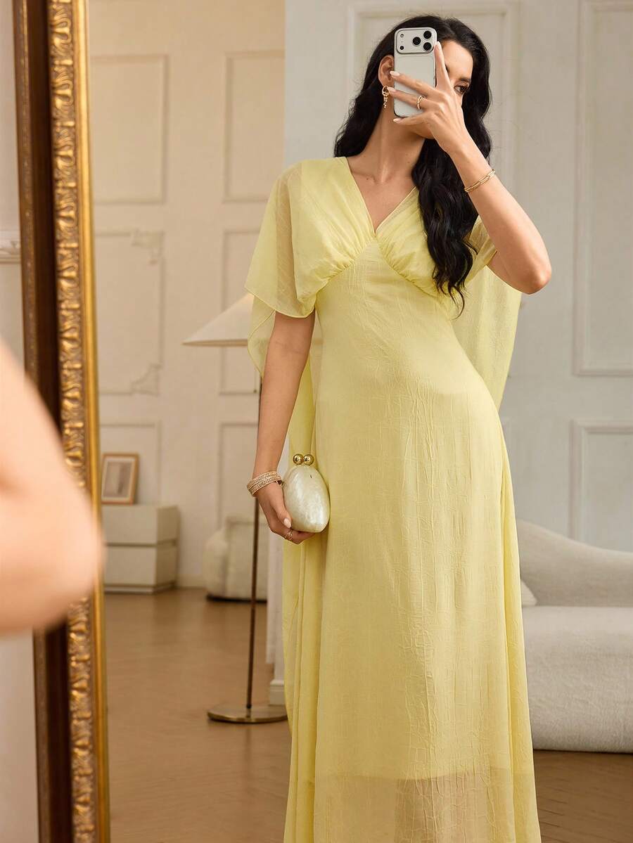 Modelyn Women's Sleeveless Waist Cinching Draped Midi Dress - Light Yellow - View 1