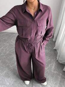 Elenzga Bộ đồ nữ cỡ lớn kiểu Pháp lãng mạn, thanh lịch, thường ngày, màu nâu trơn, áo sơ mi dài tay cổ bẻ cài khuy ẩn, gấu áo chun co giãn + quần cargo cạp chun, thích hợp cho mùa Xuân/Thu/Đông. - Màu đỏ tím - Xem 7