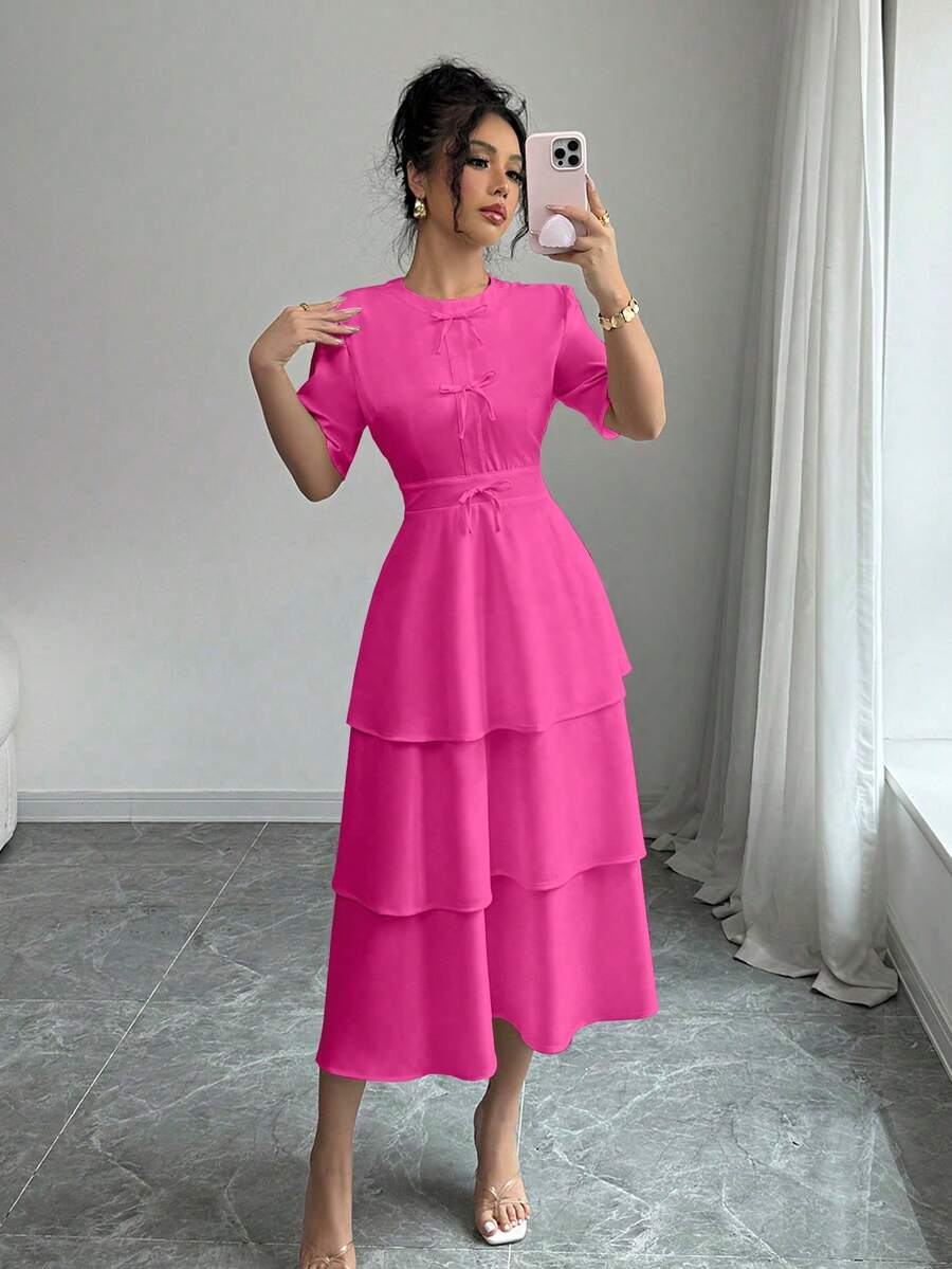 Elenzga 女士简约纯色蝴蝶装饰蛋糕裙 - 中紫紅色 - 查看 1