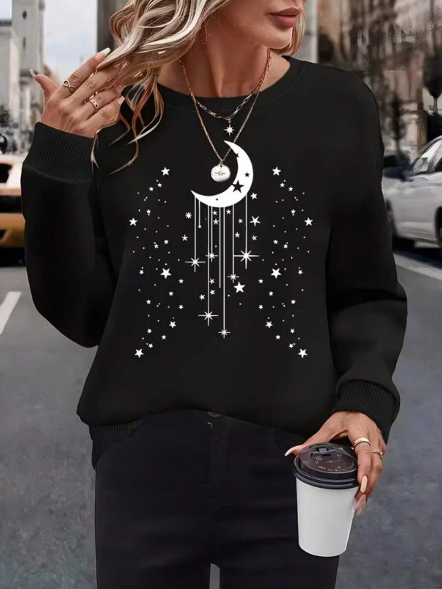 Áo sweatshirt nữ cổ tròn bằng cotton, tay dài, in hình thiên văn trăng sao, phong cách bohemian, mộng mơ và thời trang - món đồ thiết yếu - màu đen - Xem 1