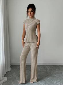 Elenzga 2pcs/Set Ribbed Short Sleeve Top And Pants, Casual & Elegant - Apricot - View 6