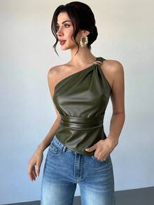 Firerie 金属搭扣装饰不对称领口侧褶皮革OL无袖衬衫，女士秋季单肩上衣，浅棕色上衣，裸色上衣，女士上衣，女士办公室着装 - 軍綠色 - 查看 5