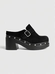 Sugerpunk Women's Retro Buckle Strap High Heel Sandals, Fashionable Casual Chunky Heel Mules - Black - View 1