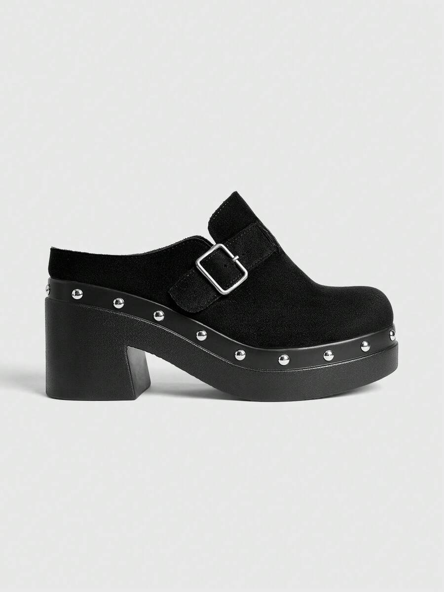 Sugerpunk Women's Retro Buckle Strap High Heel Sandals, Fashionable Casual Chunky Heel Mules - Black - View 1