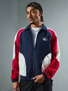 ROMWE MEN Street Life Chaqueta casual con cremallera delantera, mangas raglán y parches de color contrastante para hombres - Azul - Ver 6
