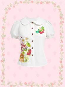 Strawberry Shortcake | ROMWE Áo kiểu nữ tay phồng phối ren họa tiết hoạt hình, cổ Peter Pan, eo thắt. - trắng - Xem 1