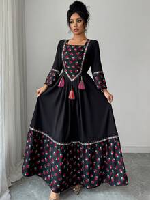 Yasmyna Women's Elegant Printed Square Collar Waist Cinched Dress - Black - View 3