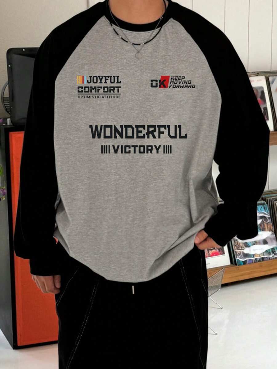 DAZY T-shirt à manches longues pour hommes avec imprimé lettres, manches raglan, couleurs contrastées noir et gris - Multicolore - Voir 1