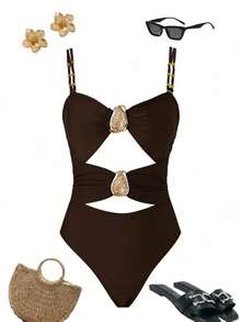 Swim Chiccia 一件式撞色性感连体泳衣，金属装饰，优雅沙滩装 - 棕色 - 查看 3