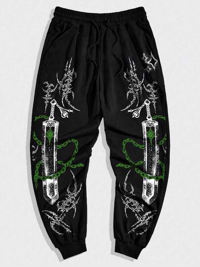 Goth Men's Weapon Print Drawstring Waist Pockets Casual Jogger Pants