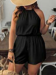 Mellowie Mono de unicolor negro para mujer de talla grande, ropa de verano para mujer, conjunto elegante para mujer, ropa exterior, atuendo de oficina