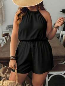 EMERY ROSE Plus Size Women's Solid Color Black Jumpsuit, Women's Summer Clothing, Women's Elegant Outfit, Outerwear, Office Wear Spring - Black - View 1
