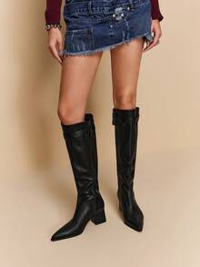 Daringsoles 女士尖头搭扣设计时尚日常百搭高跟过膝长靴 - 黑色 - 查看 5