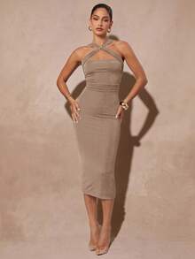 Silquee Women's Sleeveless Solid Color Metal Decor Dress - Brown - View 7