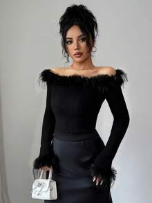 Elenzga 女士优雅时尚通勤休闲舒适迷人复古简约高端温柔淑女圣诞假日派对秋冬露肩拼接毛领袖口纯色针织毛衣 - 黑色 - 查看 7