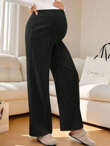 SHEIN 孕妇休闲日常通勤纯色高腰宽松阔腿裤 - 黑色 - 查看 4