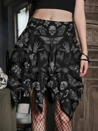 Gonna asimmetrica vintage gotica misteriosa e scura con grafica di piante, teschi, funghi, sole, luna e stelle, adatta per lo stile Dark Academia, Cottagecore e Goth