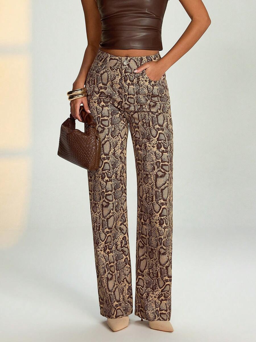 RueChic High Waist Multi Color Straight Jean Bell Bottom Pants Flared Pants Snakeskin Pants Brown Pants For Women Jeans For Women - Multicolor - View 1