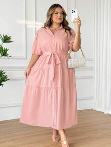 SHEIN CURVE+ Đầm maxi dáng chữ A tay ngắn màu trơn cho nữ cỡ lớn năm 2025, phối bèo nhún, thích hợp cho mùa xuân, dành cho người có thân hình đầy đặn, kiểu dáng Hoho Vacation. - Hồng - Xem 5