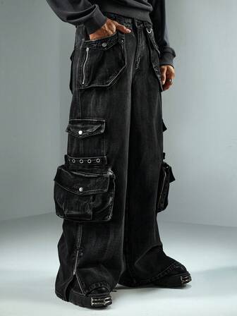 Street Life Herren Loose Fit Cargo Taschen Jeans