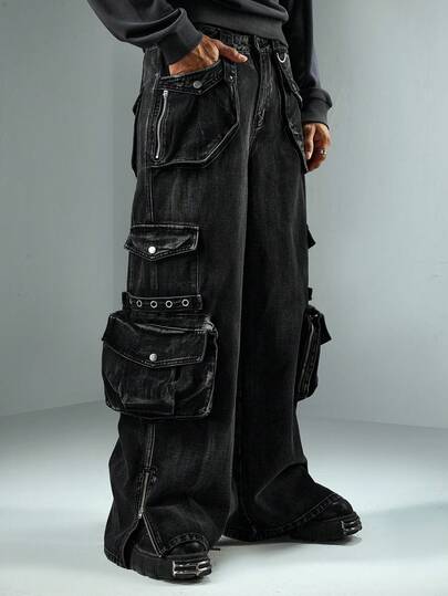 Street Life Jeans de mezclilla con bolsillos cargo de corte holgado para hombre